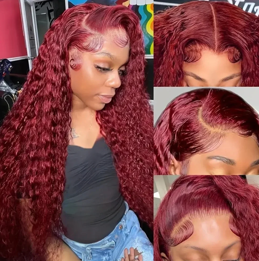 Burgundy Red 99J Deep Wave Brazilian 13x4 13x6 Hd Lace Frontal Deep Curl Human Hair Curly Wig