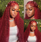 Burgundy Red 99J Deep Wave Brazilian 13x4 13x6 Hd Lace Frontal Deep Curl Human Hair Curly Wig