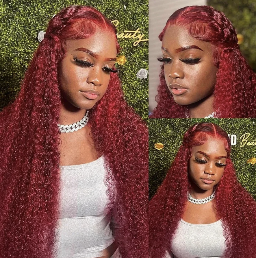 Burgundy Red 99J Deep Wave Brazilian 13x4 13x6 Hd Lace Frontal Deep Curl Human Hair Curly Wig