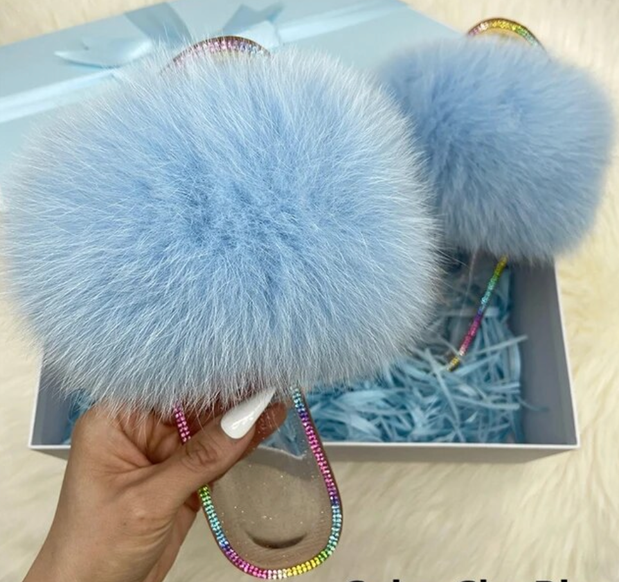 Racoon Fur Clear Jelly Slides Womans Flats Transparent Plush Slides