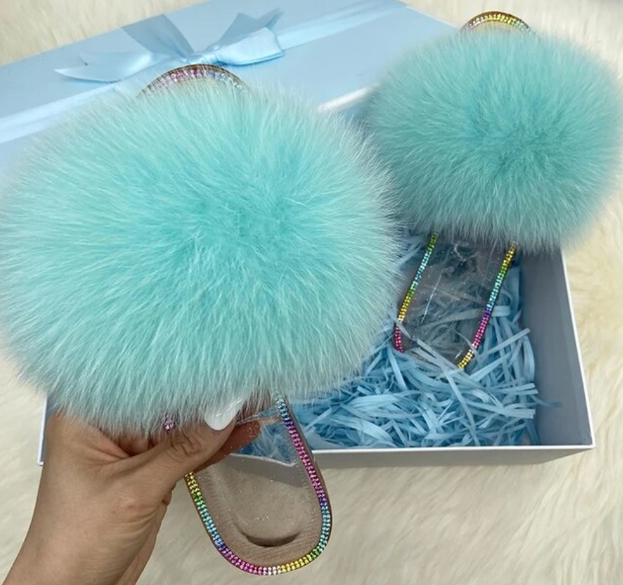 Racoon Fur Clear Jelly Slides Womans Flats Transparent Plush Slides