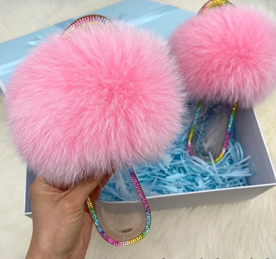 Racoon Fur Clear Jelly Slides Womans Flats Transparent Plush Slides
