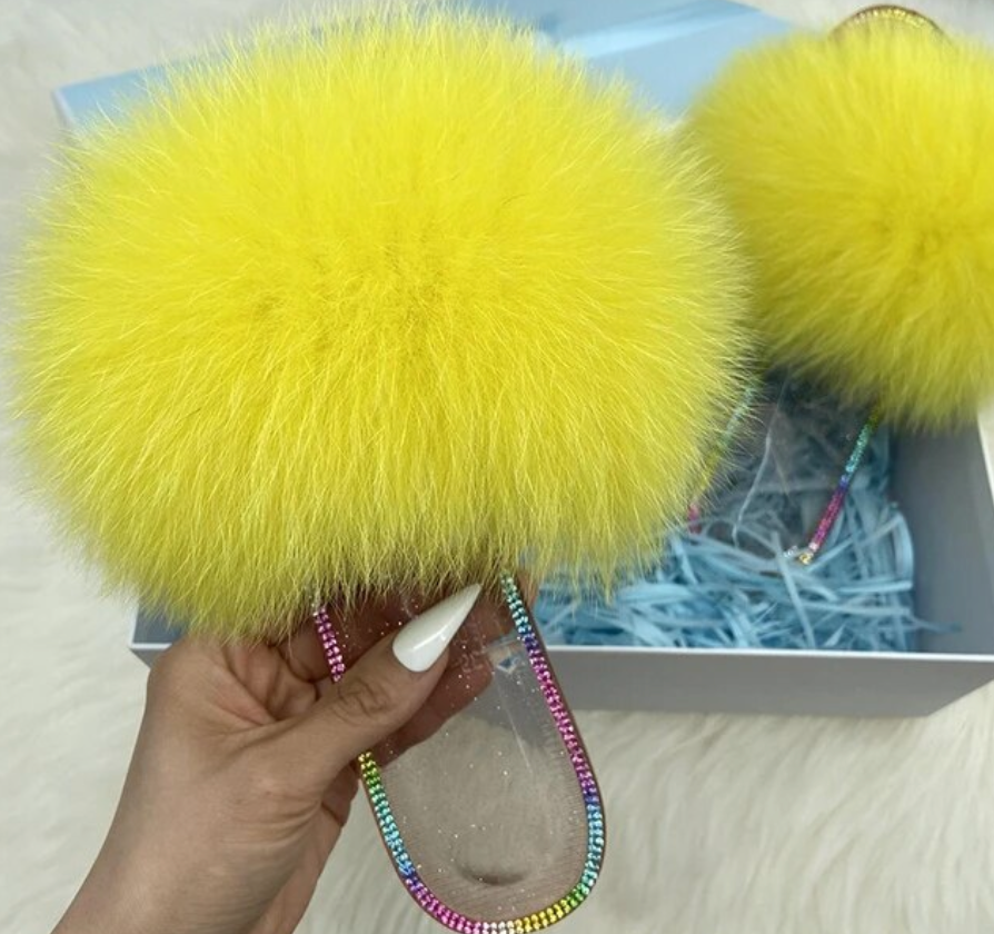 Racoon Fur Clear Jelly Slides Womans Flats Transparent Plush Slides