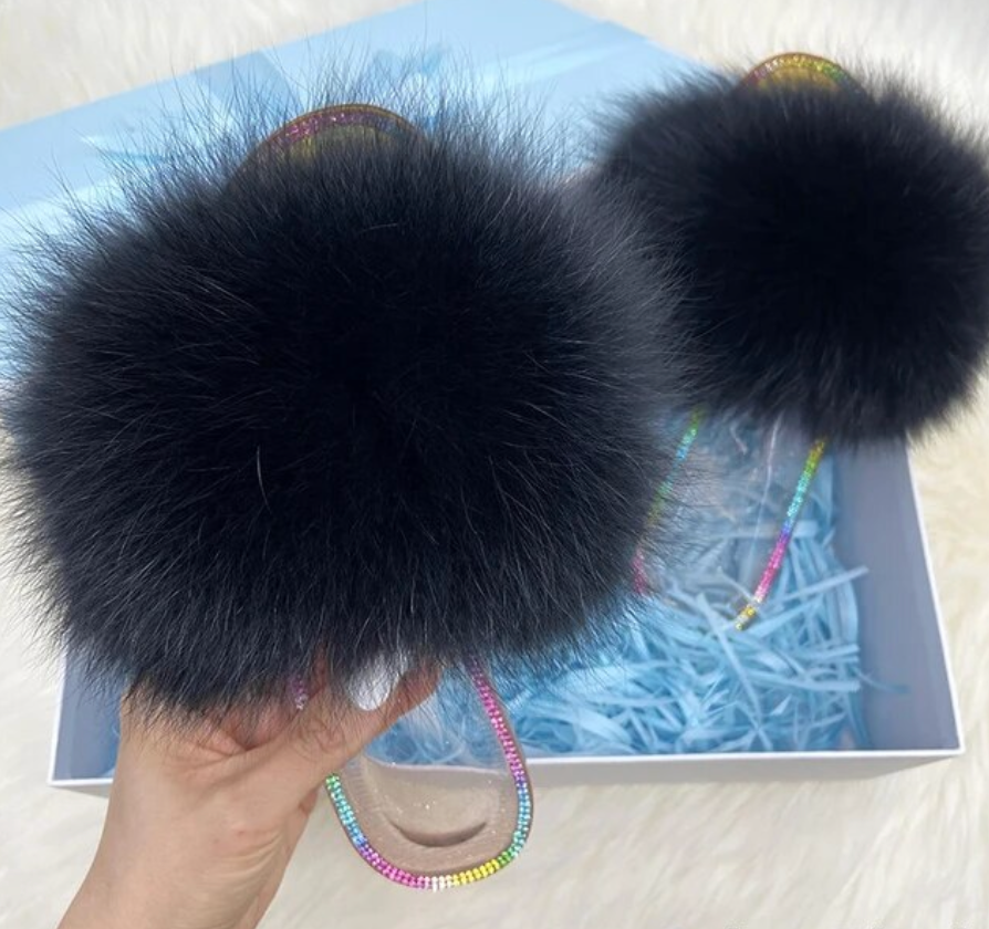 Racoon Fur Clear Jelly Slides Womans Flats Transparent Plush Slides
