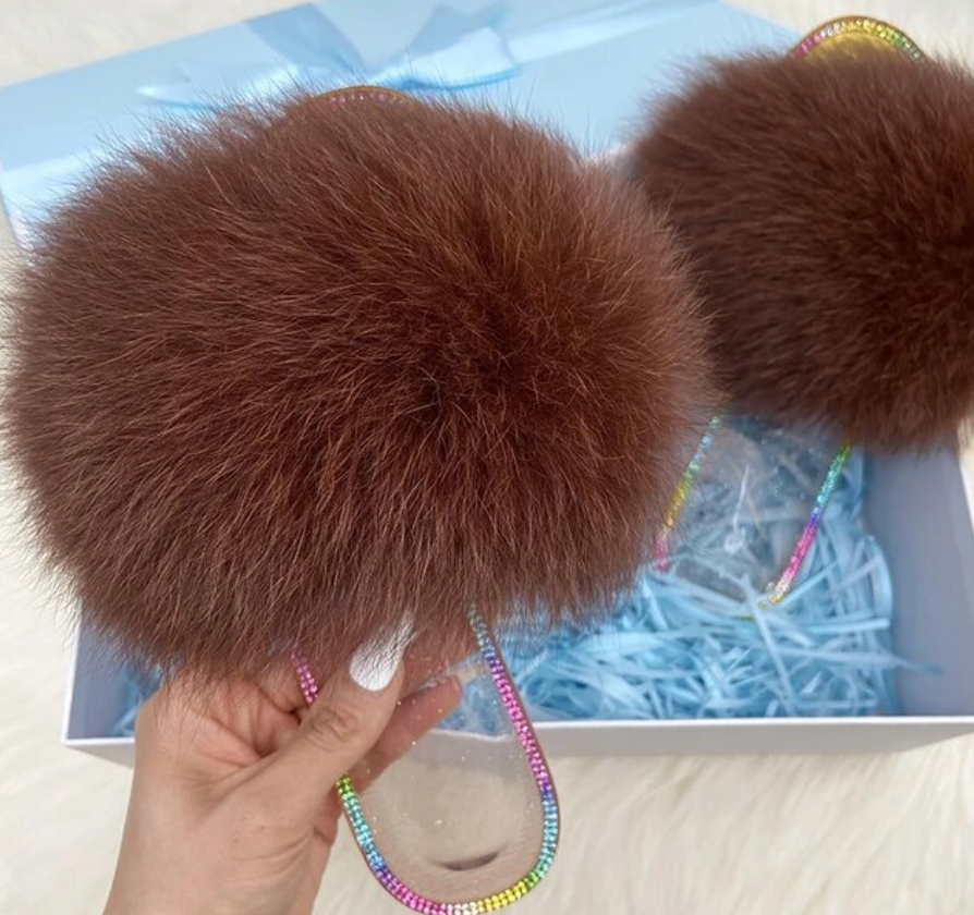 Racoon Fur Clear Jelly Slides Womans Flats Transparent Plush Slides