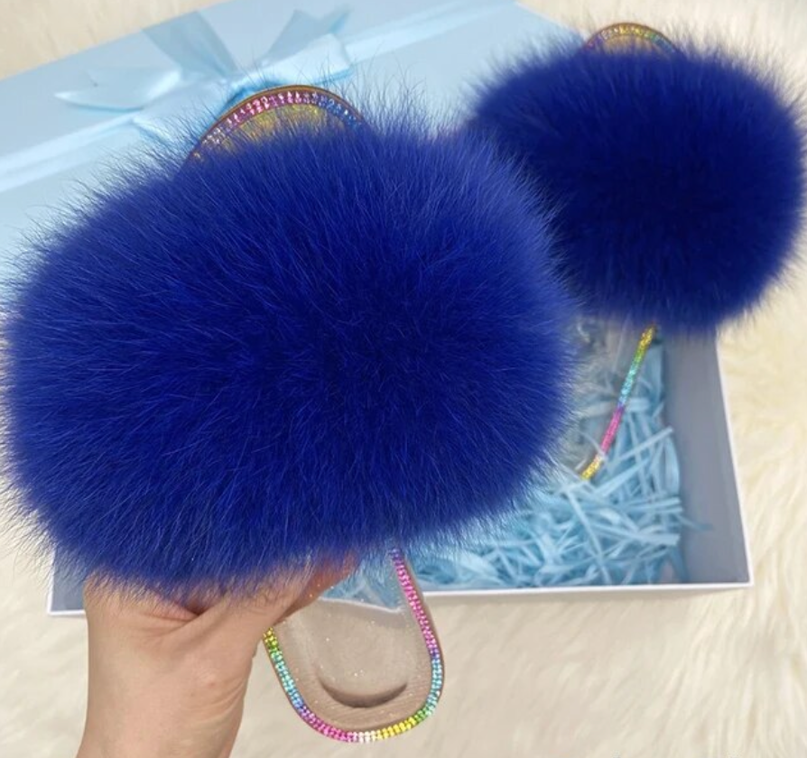 Racoon Fur Clear Jelly Slides Womans Flats Transparent Plush Slides