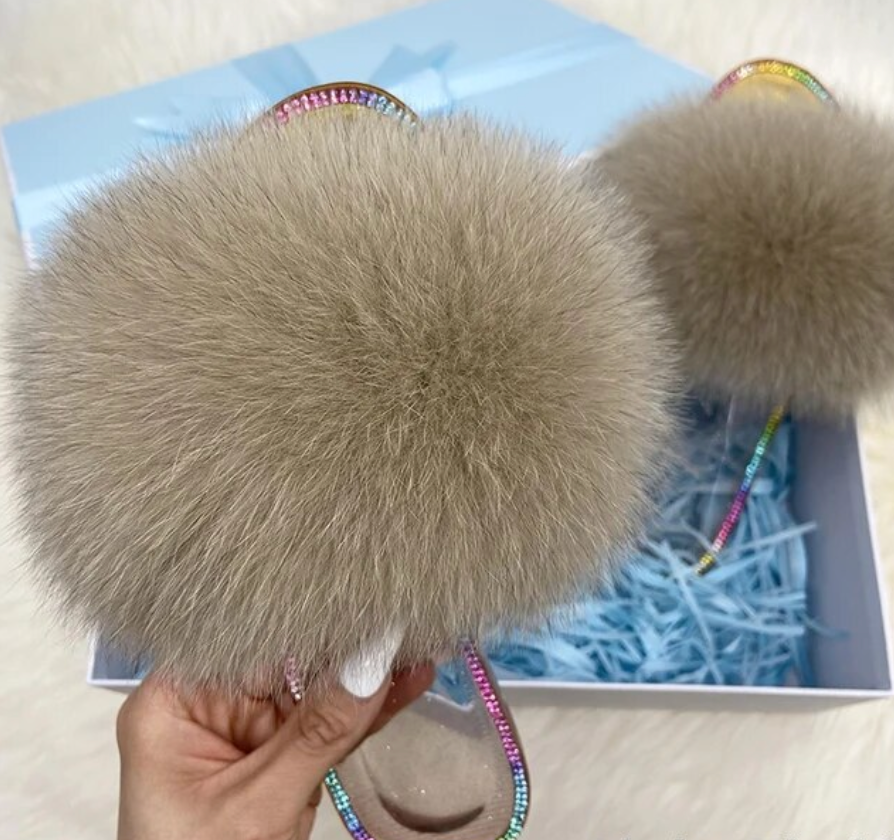 Racoon Fur Clear Jelly Slides Womans Flats Transparent Plush Slides
