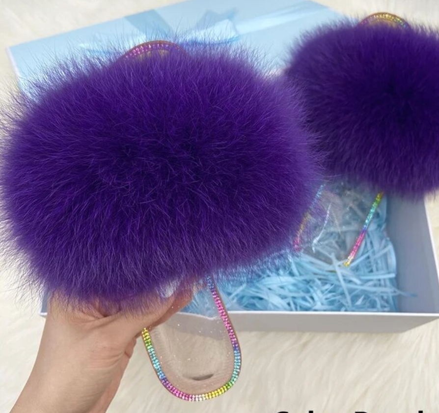 Racoon Fur Clear Jelly Slides Womans Flats Transparent Plush Slides