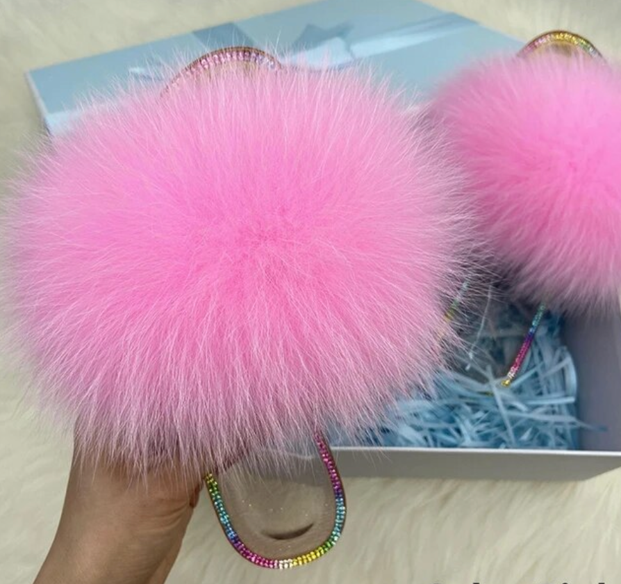 Racoon Fur Clear Jelly Slides Womans Flats Transparent Plush Slides