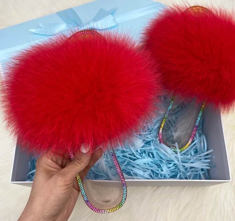 Racoon Fur Clear Jelly Slides Womans Flats Transparent Plush Slides