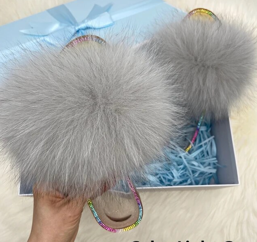 Racoon Fur Clear Jelly Slides Womans Flats Transparent Plush Slides