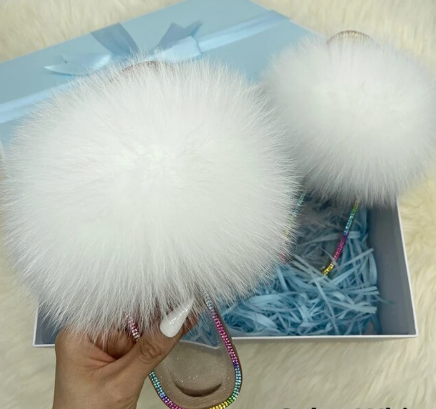 Racoon Fur Clear Jelly Slides Womans Flats Transparent Plush Slides