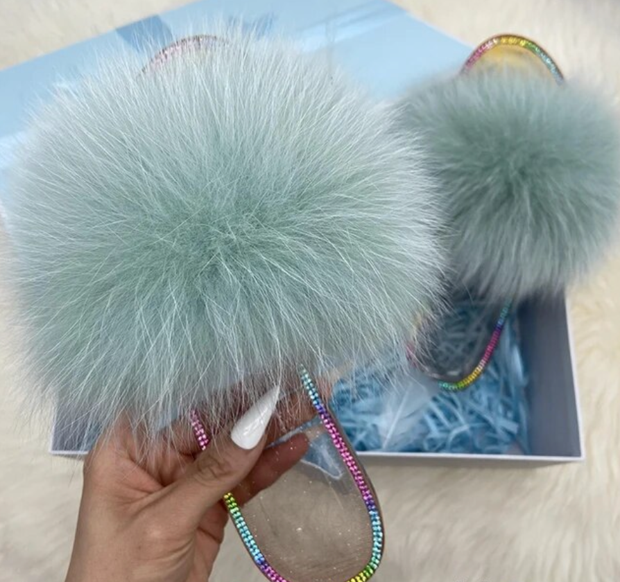 Racoon Fur Clear Jelly Slides Womans Flats Transparent Plush Slides