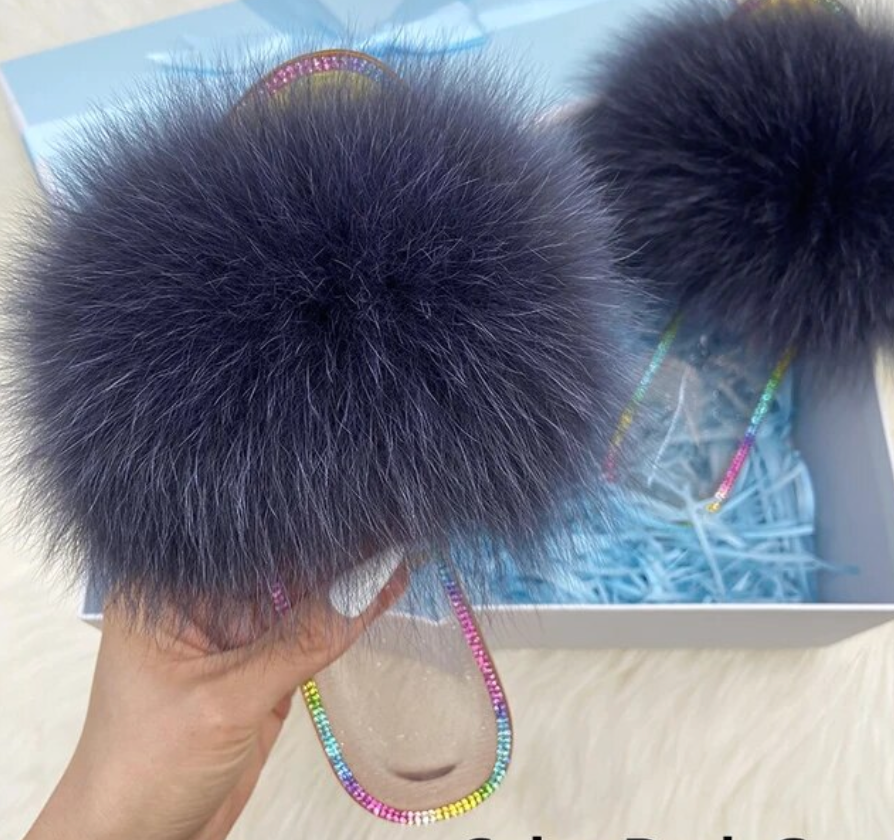 Racoon Fur Clear Jelly Slides Womans Flats Transparent Plush Slides