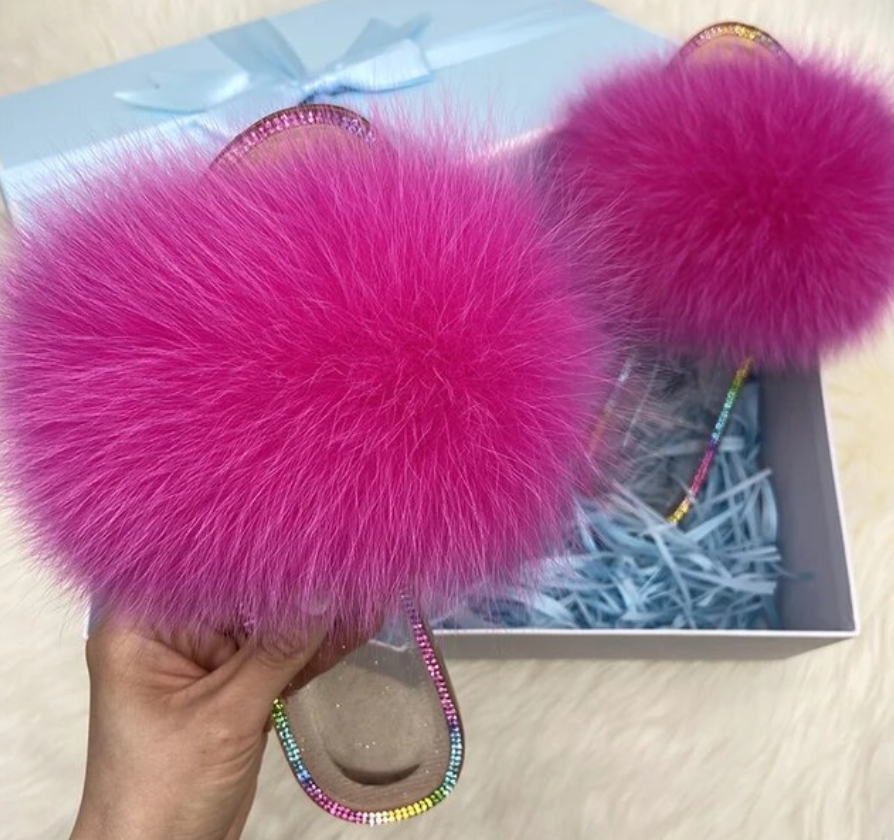 Racoon Fur Clear Jelly Slides Womans Flats Transparent Plush Slides