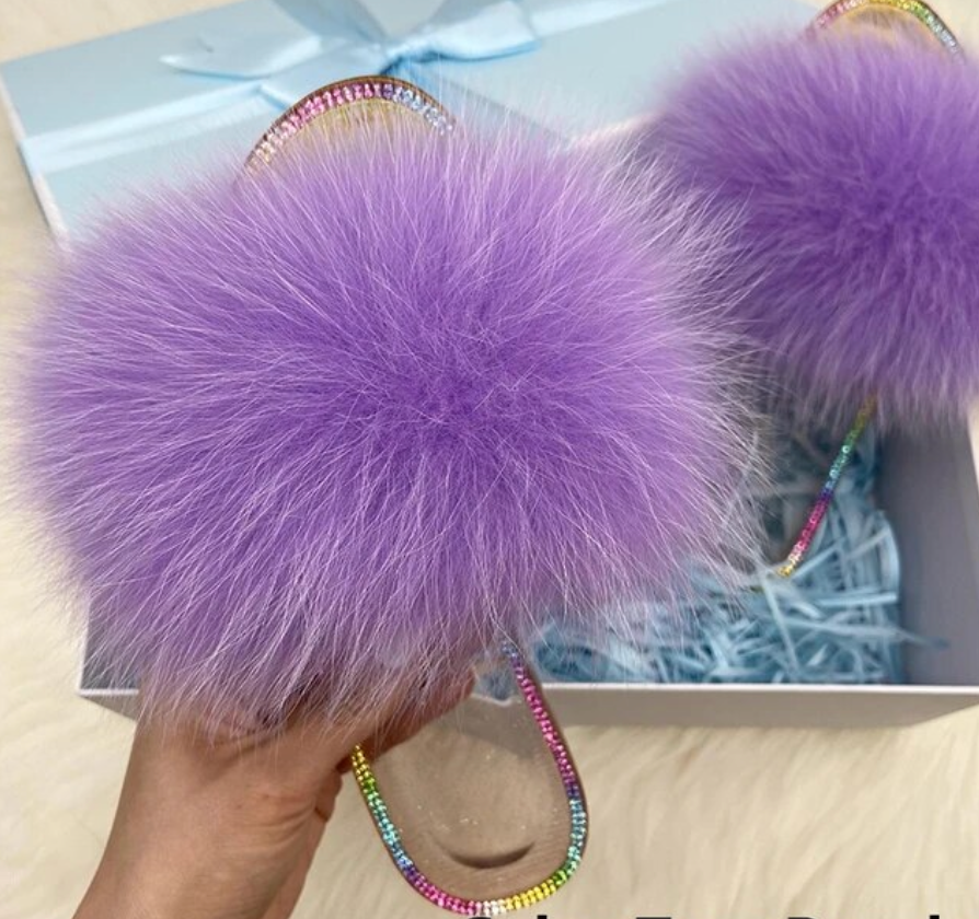 Racoon Fur Clear Jelly Slides Womans Flats Transparent Plush Slides