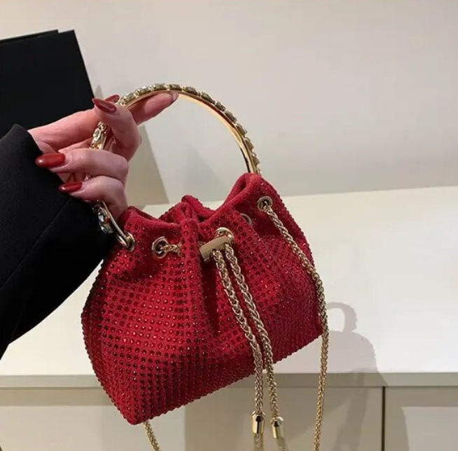 Solid Color Rhinestone Drawstring Crossbody Medium Bucket Bag Clutch Purse For Woman