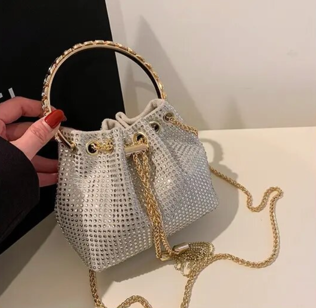 Solid Color Rhinestone Drawstring Crossbody Medium Bucket Bag Clutch Purse For Woman