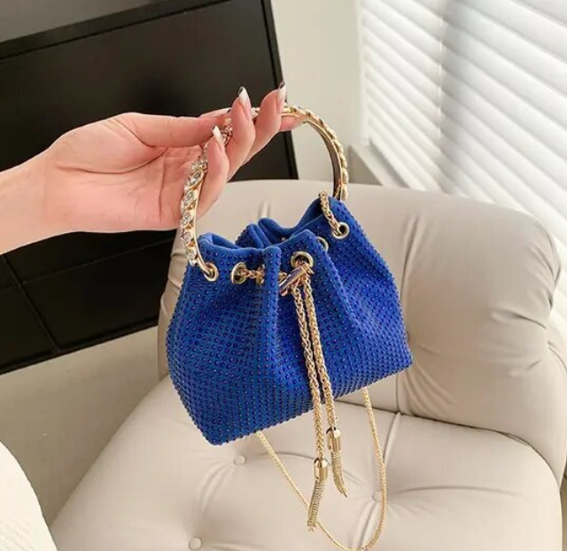 Solid Color Rhinestone Drawstring Crossbody Medium Bucket Bag Clutch Purse For Woman