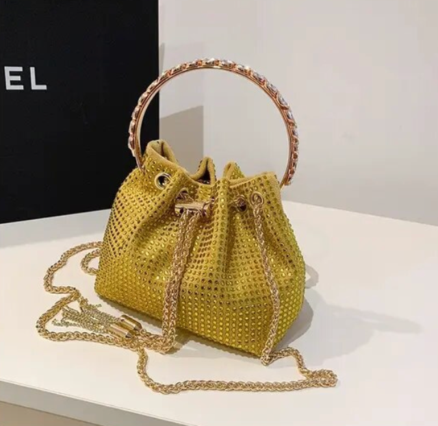 Solid Color Rhinestone Drawstring Crossbody Medium Bucket Bag Clutch Purse For Woman