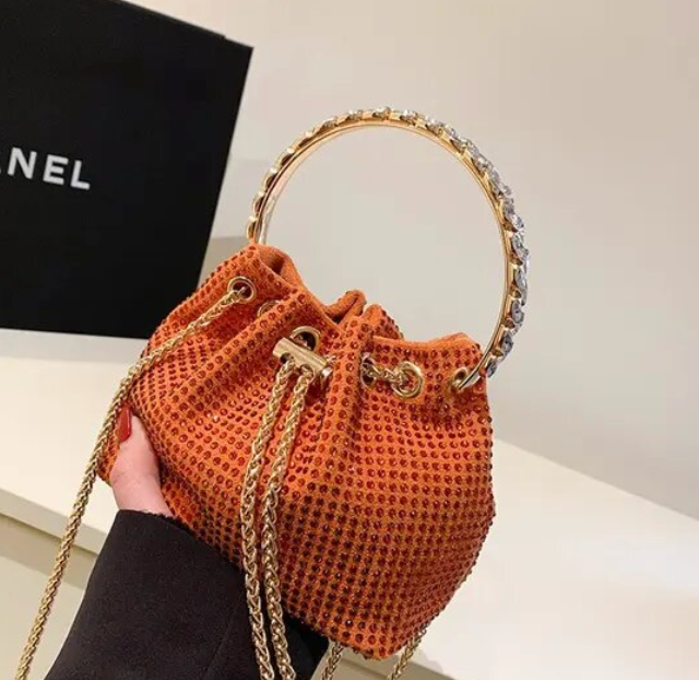 Solid Color Rhinestone Drawstring Crossbody Medium Bucket Bag Clutch Purse For Woman