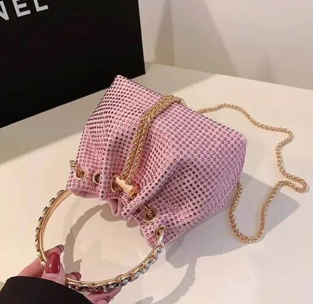 Solid Color Rhinestone Drawstring Crossbody Medium Bucket Bag Clutch Purse For Woman