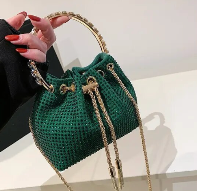 Solid Color Rhinestone Drawstring Crossbody Medium Bucket Bag Clutch Purse For Woman