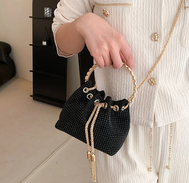 Solid Color Rhinestone Drawstring Crossbody Medium Bucket Bag Clutch Purse For Woman