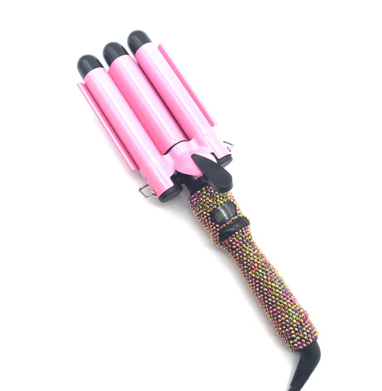Rhinestone 3 Barrel Ceramic Hair Crimper LCD Display Curling Iron Hair Styling Wand