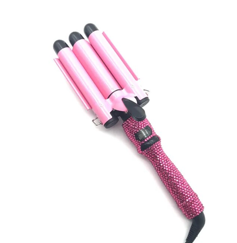 Rhinestone 3 Barrel Ceramic Hair Crimper LCD Display Curling Iron Hair Styling Wand