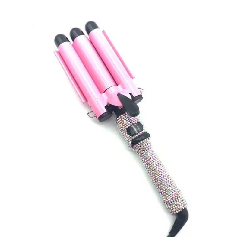 Rhinestone 3 Barrel Ceramic Hair Crimper LCD Display Curling Iron Hair Styling Wand