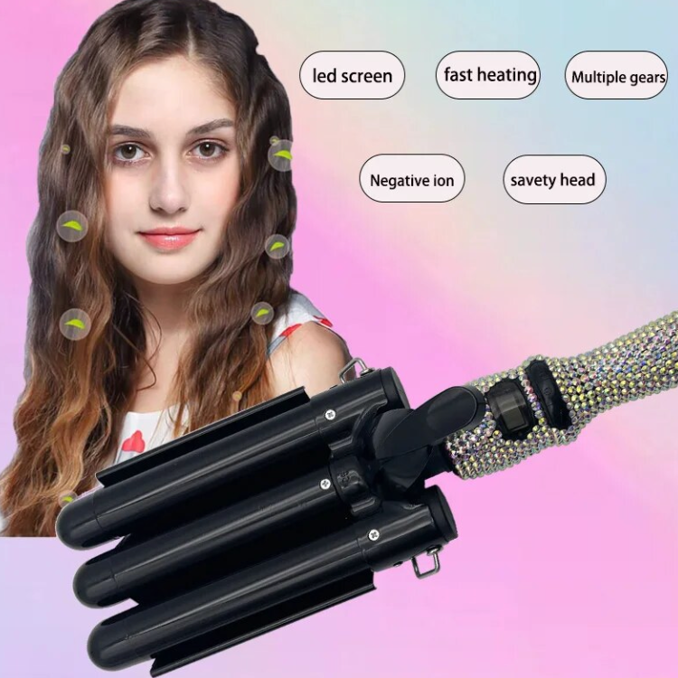 Rhinestone 3 Barrel Ceramic Hair Crimper LCD Display Curling Iron Hair Styling Wand