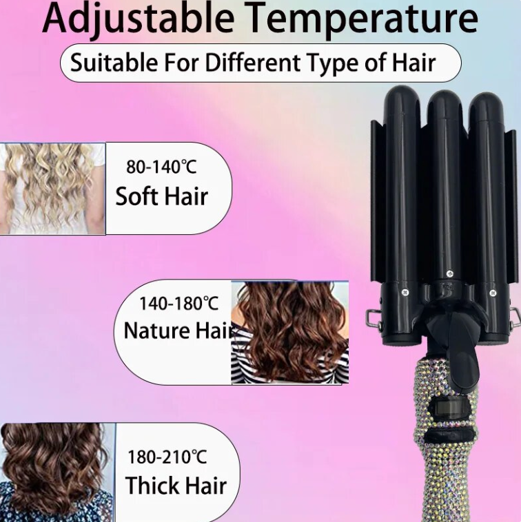 Rhinestone 3 Barrel Ceramic Hair Crimper LCD Display Curling Iron Hair Styling Wand