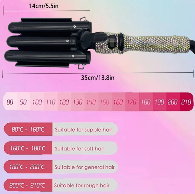 Rhinestone 3 Barrel Ceramic Hair Crimper LCD Display Curling Iron Hair Styling Wand