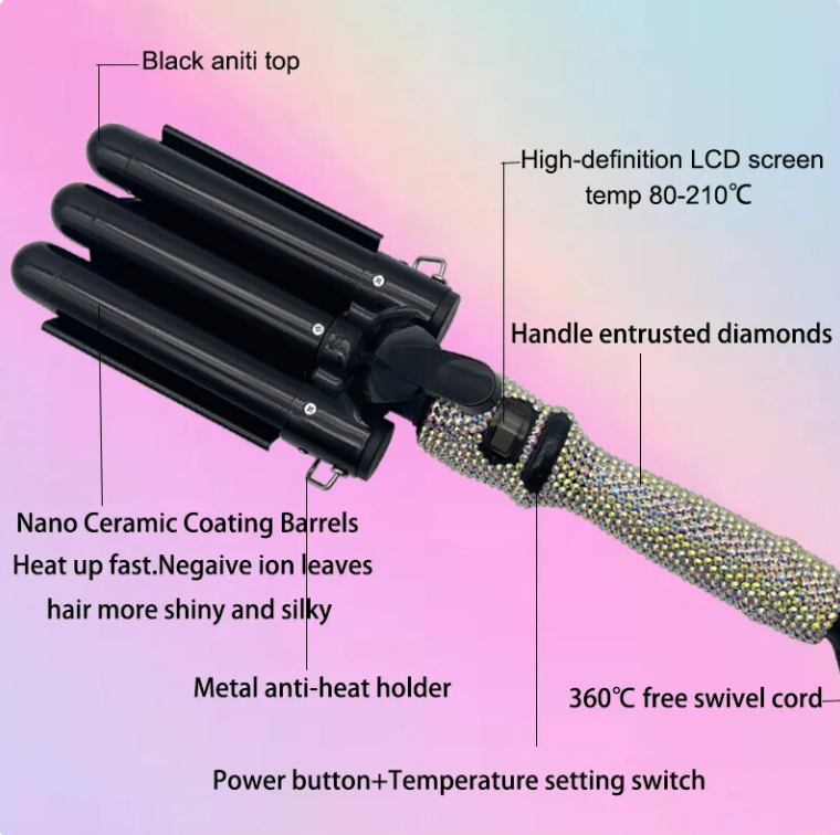 Rhinestone 3 Barrel Ceramic Hair Crimper LCD Display Curling Iron Hair Styling Wand