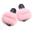 Fluffy Fox Fur Slides Silver Rhinestone Diamond Chain Design Flip Flop Shoes