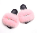 Fluffy Fox Fur Slides Silver Rhinestone Diamond Chain Design Flip Flop Shoes