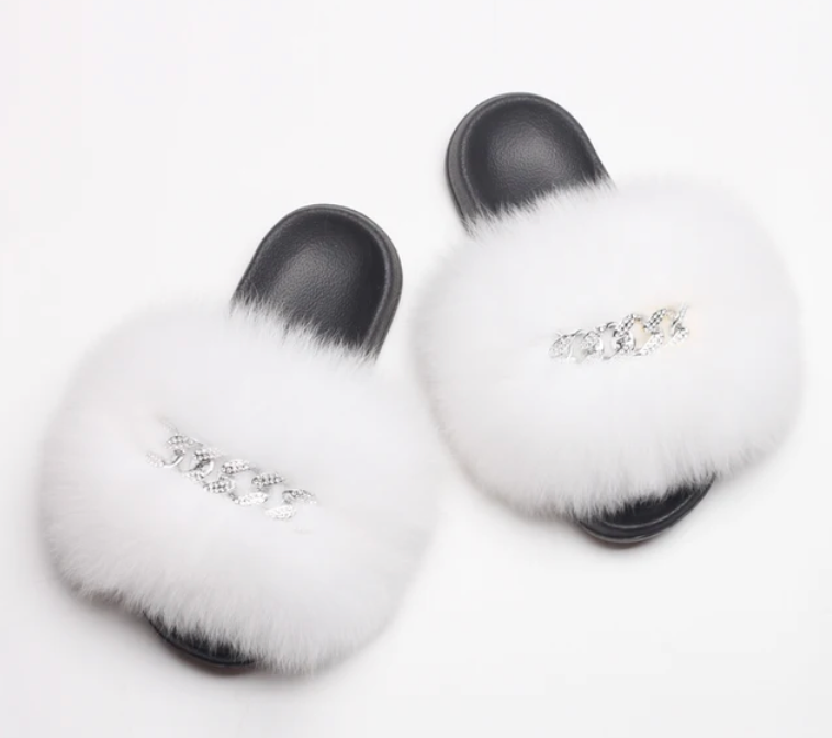 Fluffy Fox Fur Slides Silver Rhinestone Diamond Chain Design Flip Flop Shoes