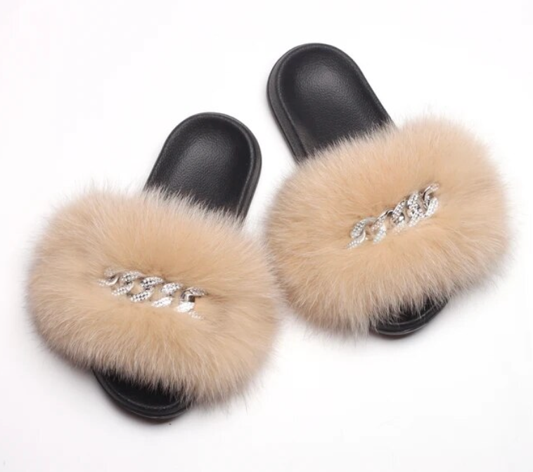 Fluffy Fox Fur Slides Silver Rhinestone Diamond Chain Design Flip Flop Shoes