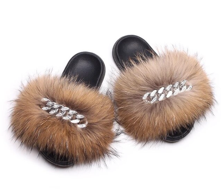 Fluffy Fox Fur Slides Silver Rhinestone Diamond Chain Design Flip Flop Shoes