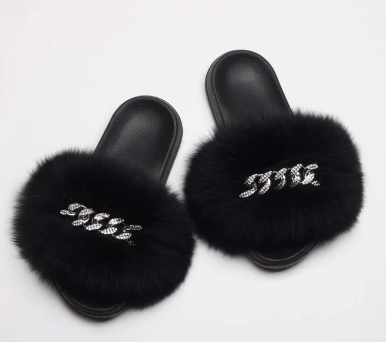 Fluffy Fox Fur Slides Silver Rhinestone Diamond Chain Design Flip Flop Shoes