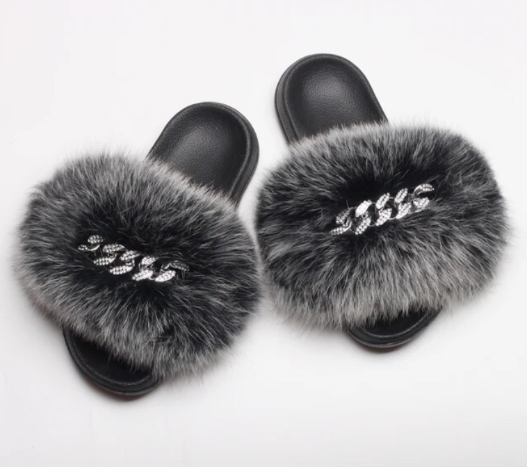 Fluffy Fox Fur Slides Silver Rhinestone Diamond Chain Design Flip Flop Shoes