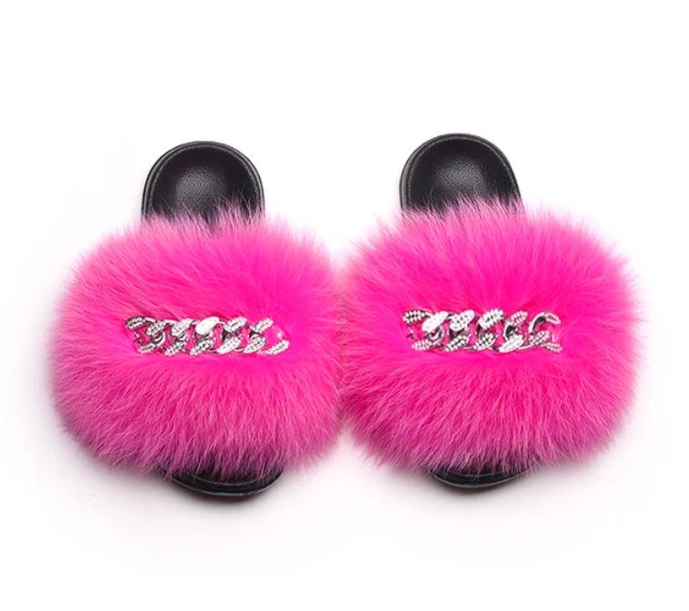 Fluffy Fox Fur Slides Silver Rhinestone Diamond Chain Design Flip Flop Shoes