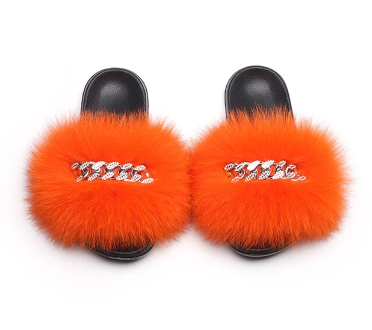 Fluffy Fox Fur Slides Silver Rhinestone Diamond Chain Design Flip Flop Shoes