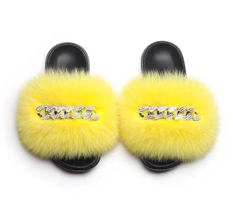 Fluffy Fox Fur Slides Silver Rhinestone Diamond Chain Design Flip Flop Shoes