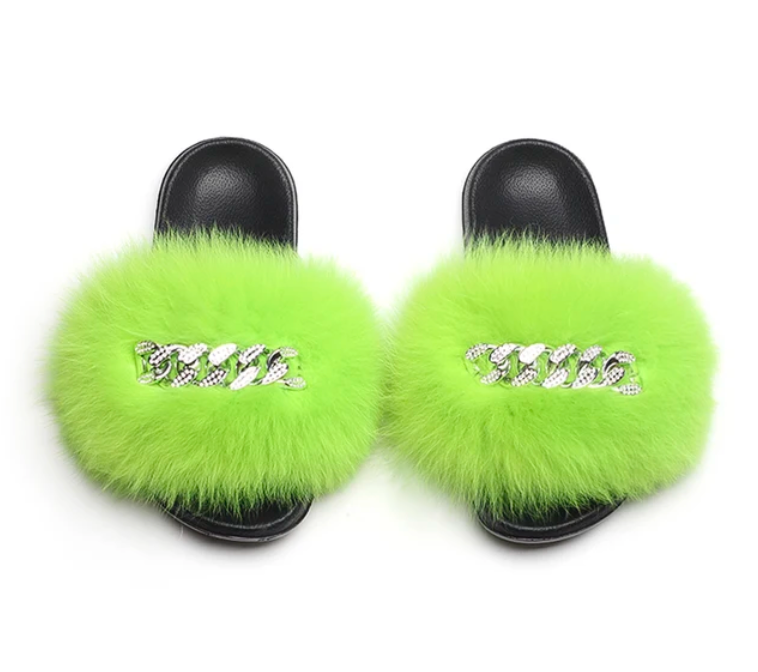 Fluffy Fox Fur Slides Silver Rhinestone Diamond Chain Design Flip Flop Shoes