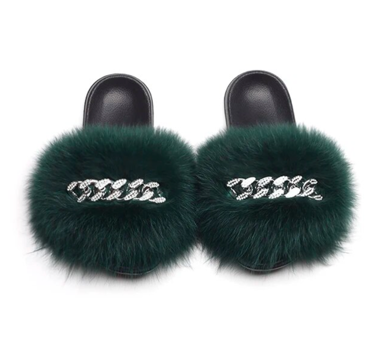 Fluffy Fox Fur Slides Silver Rhinestone Diamond Chain Design Flip Flop Shoes