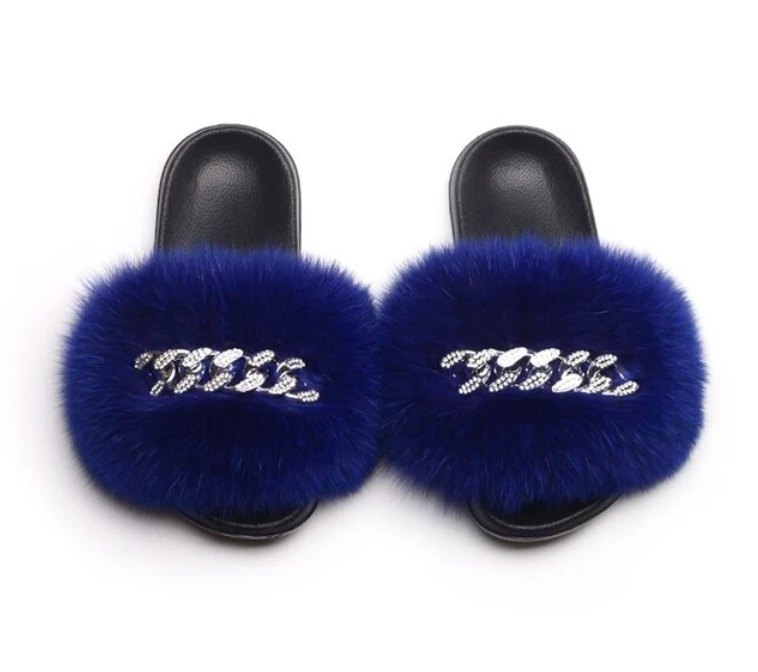 Fluffy Fox Fur Slides Silver Rhinestone Diamond Chain Design Flip Flop Shoes