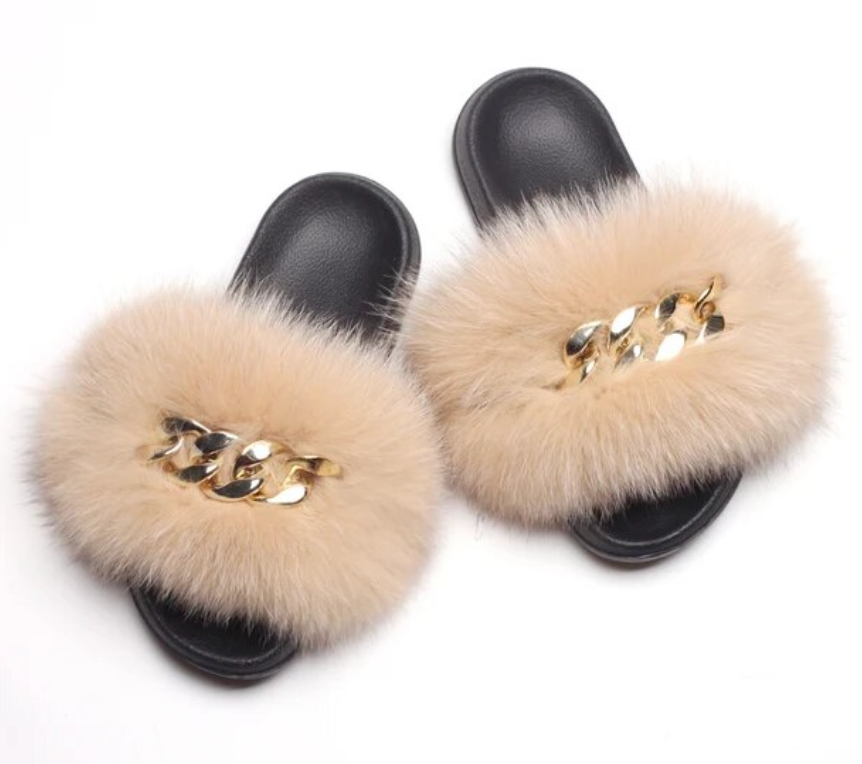 Fox Fur Slippers Plush Trending Gold Chain Furry Woman Cute Indoor Slipper Slides