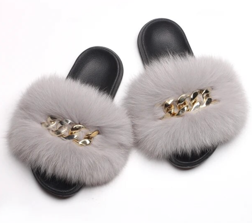 Fox Fur Slippers Plush Trending Gold Chain Furry Woman Cute Indoor Slipper Slides